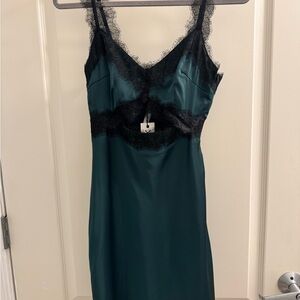 MINKPINK Satin Slip Dress in Deep Teal with Black Lace